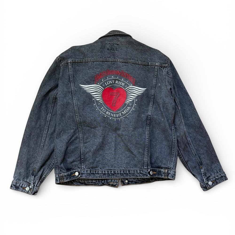 Vintage 1990 Harley Davidson Black Denim Love Ride Biker Jacket Unisex Size L